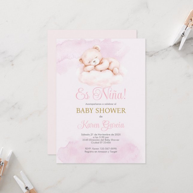 Invitation Fille de Baby Shower espagnol rose (Devant/Arrière en situation)