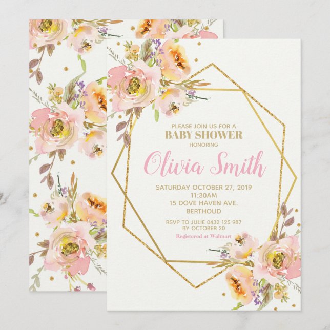 Invitation Fille de Baby shower floral rose géométrique (Devant / Derrière)