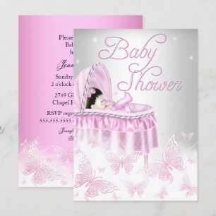 Invitation Fille de Baby Shower Papillon Étincelant Rose et A