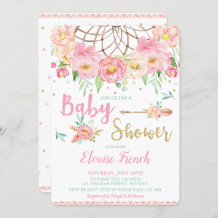 Invitation Fille de Baby shower rose de Boho