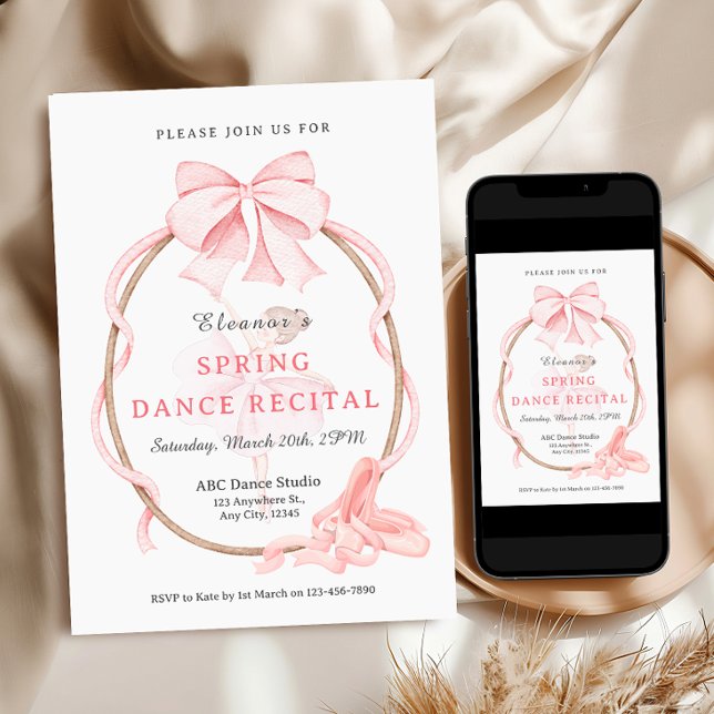 Invitation Fille de ballet au ruban rose, spectacle de danse (Pink Bow Ballet Girl Dance Recital Invitation)