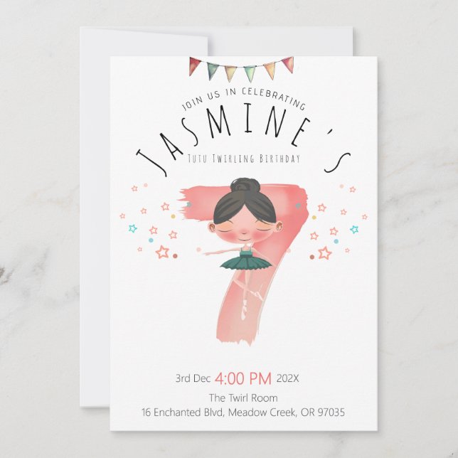 Invitation Fille de ballet rose pastel 7e anniversaire (Devant)