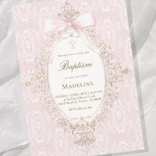 Invitation fille de baptême arc rose