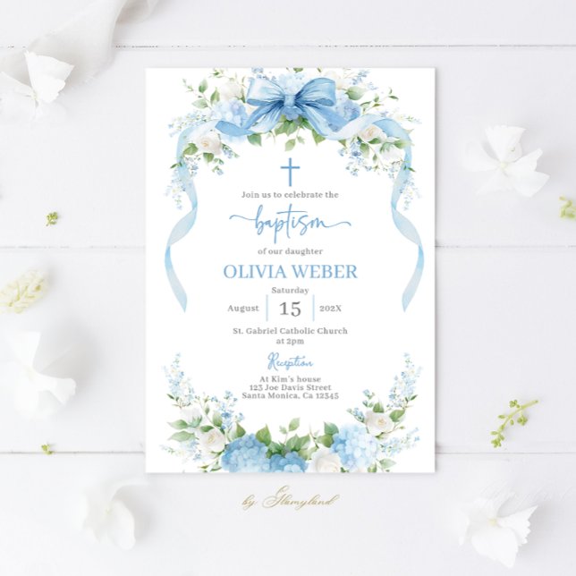 Invitation Fille de baptême floral bleu baptême (Créateur téléchargé)