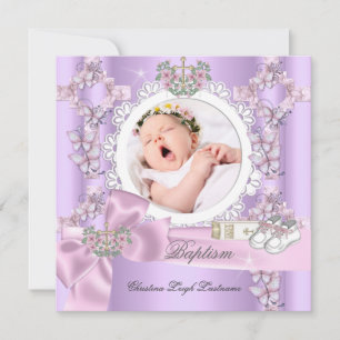 Invitation Fille de baptême lilas rose blanc photo baptême