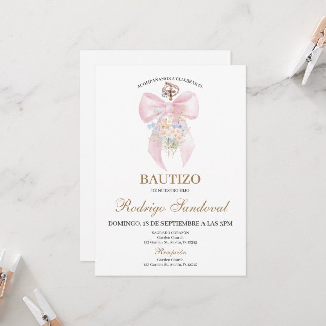 Invitation Fille de baptême noeud rose (Devant/Arrière en situation)