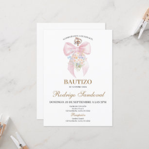 Invitation Fille de baptême noeud rose