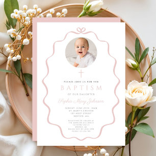 Invitation Fille de baptême photo avec un élégant nœud rose