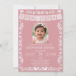 Invitation Fille de baptême Photo Rose Blush Papel Picado