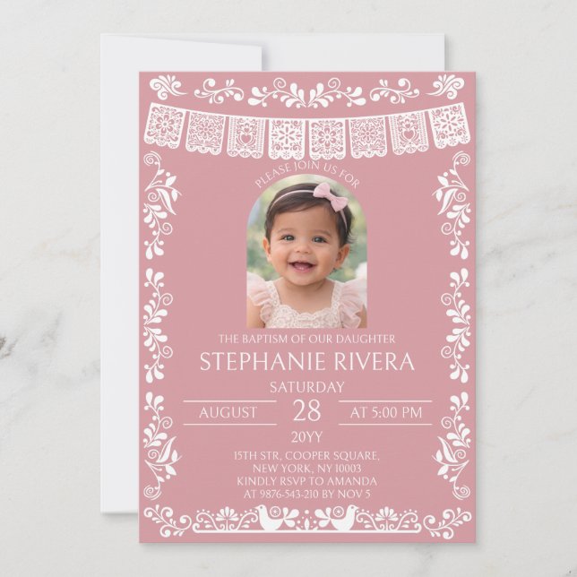 Invitation Fille de baptême Photo Rose Blush Papel Picado (Devant)