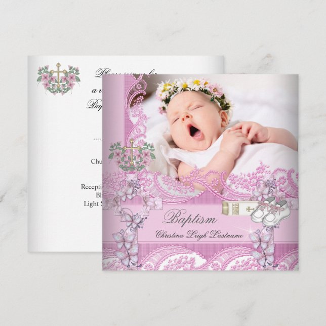 Invitation Fille de baptême rose blanc photo baptême (Devant / Derrière)