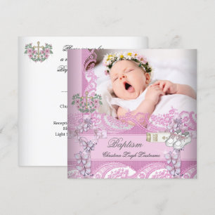 Invitation Fille de baptême rose blanc photo baptême
