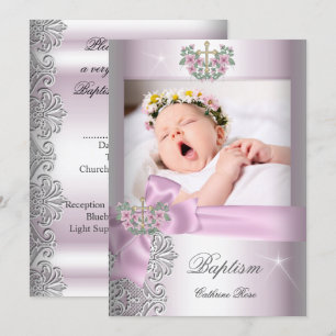 Invitation Fille de baptême rose dentelle blanche photo baptê