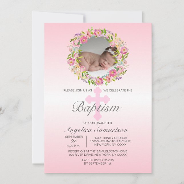 Invitation FILLE DE BAPTISME Rose à couronne de fleurs| PHOTO (Devant)