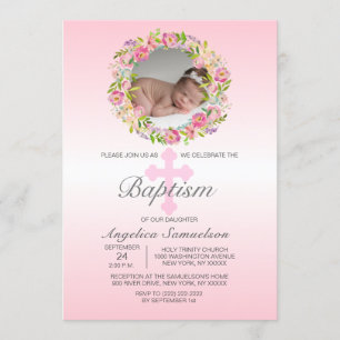 Invitation FILLE DE BAPTISME Rose à couronne de fleurs PHOTO