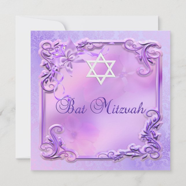 Invitation Fille de Bat Mitzvah Jolie Fleur rose violet (Dos)