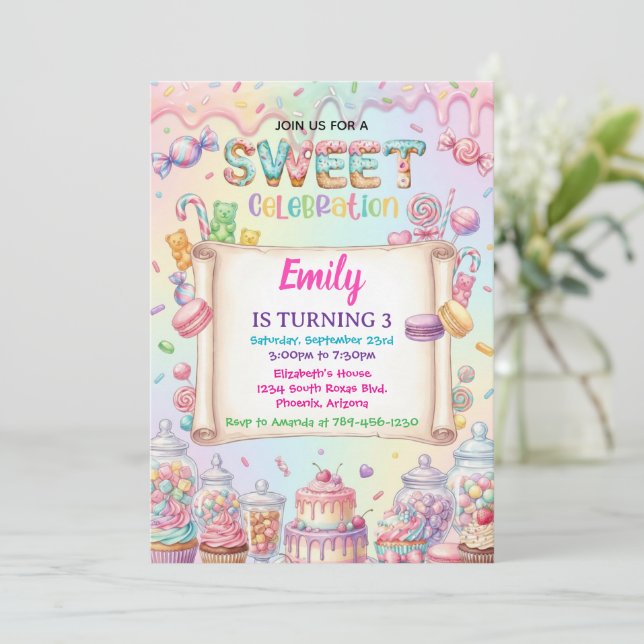 Invitation Fille de Candy Land Anniversaire Douce Célébration (Debout devant)