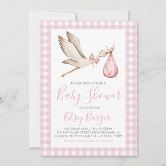 Invitation Fille de cigogne rose Preppy Baby shower Sud