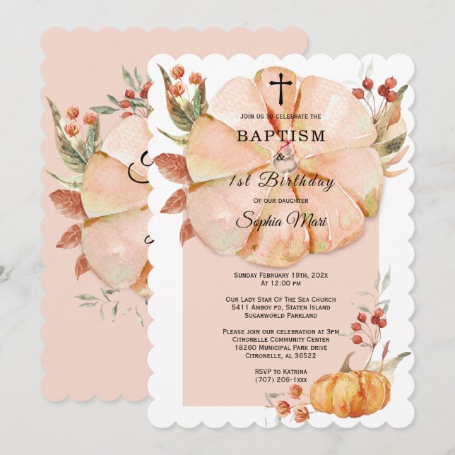 Invitation Fille de citrouille de baptême et de premier anniv (Devant / Derrière)