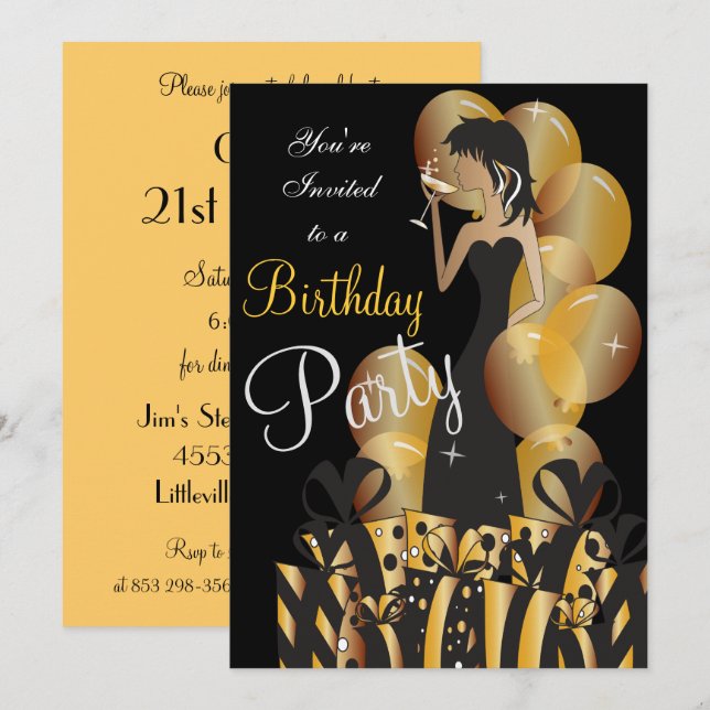 Invitation Fille de cocktail pour fête d'anniversaire ou ente (Devant / Derrière)