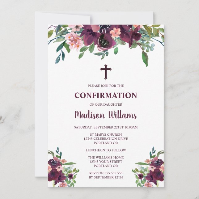 Invitation Fille de confirmation aquarelle florale Bourgogne (Devant)