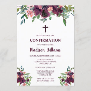 Invitation Fille de confirmation aquarelle florale Bourgogne