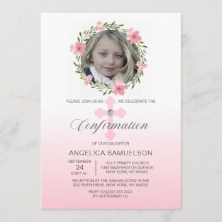 Invitation FILLE de confirmation de la couronne de fleurs ros