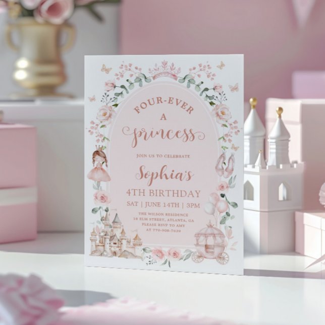 Invitation Fille de conte de fées princesse rose rose 4ème an (Créateur téléchargé)