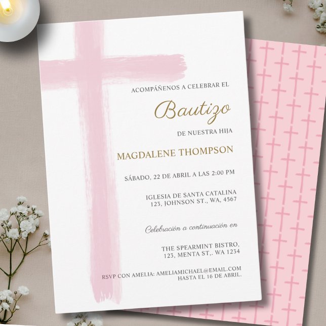 Invitation Fille de croix simple Baptême rose Bautizo (Créateur téléchargé)