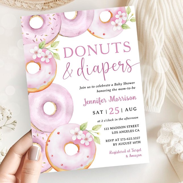 Invitation Fille de donuts et couches Fête de bébé rose (Créateur téléchargé)