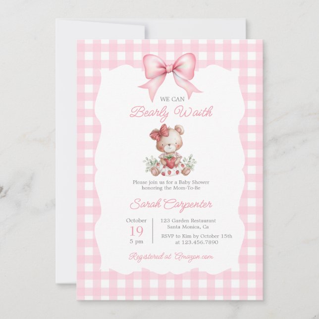 Invitation Fille de douche bébé à la fraise Beary Sweet (Devant)