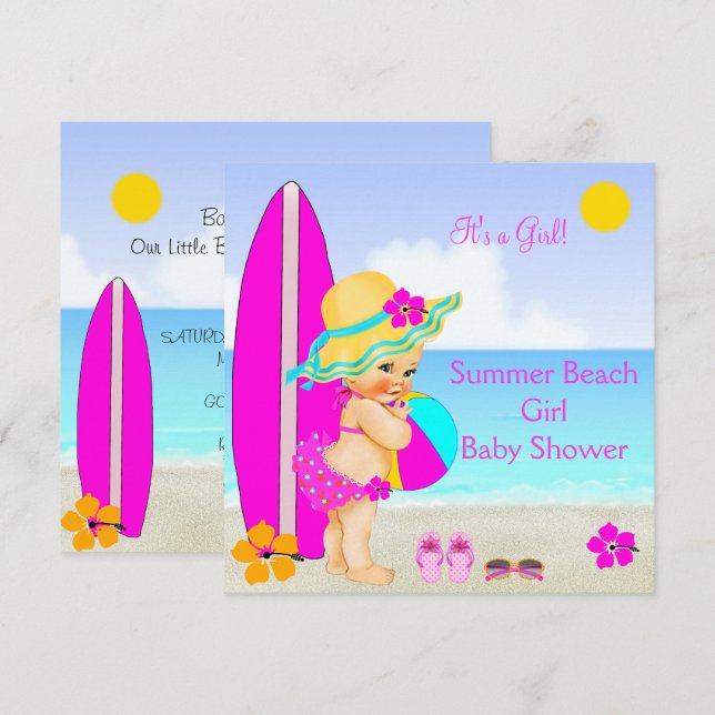 Invitation Fille de douche de bébé de plage Chapeau de soleil (Devant / Derrière)