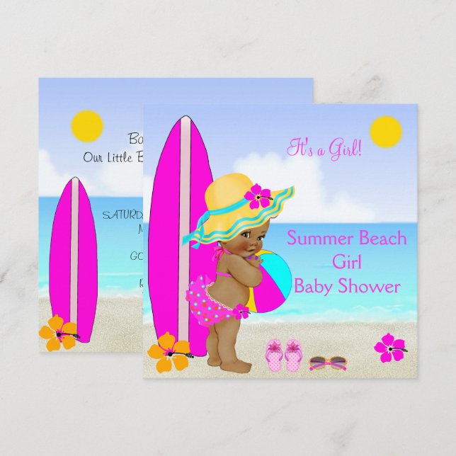 Invitation Fille de douche de bébé de plage Rose Bleu Sarcell (Devant / Derrière)
