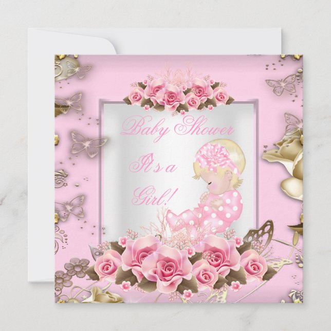Invitation Fille de douche de bébé élégante Roses roses Or Bl (Devant)