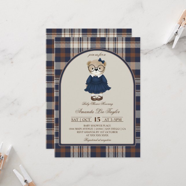Invitation Fille de douche de bébé plaid de luxe ours (Devant/Arrière en situation)