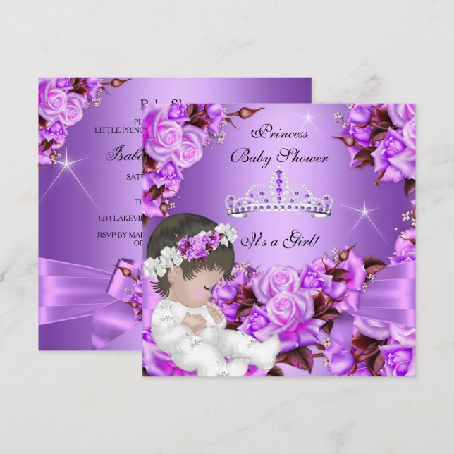 Invitation Fille de douche de bébé princesse Rose Violet Rose (Devant / Derrière)