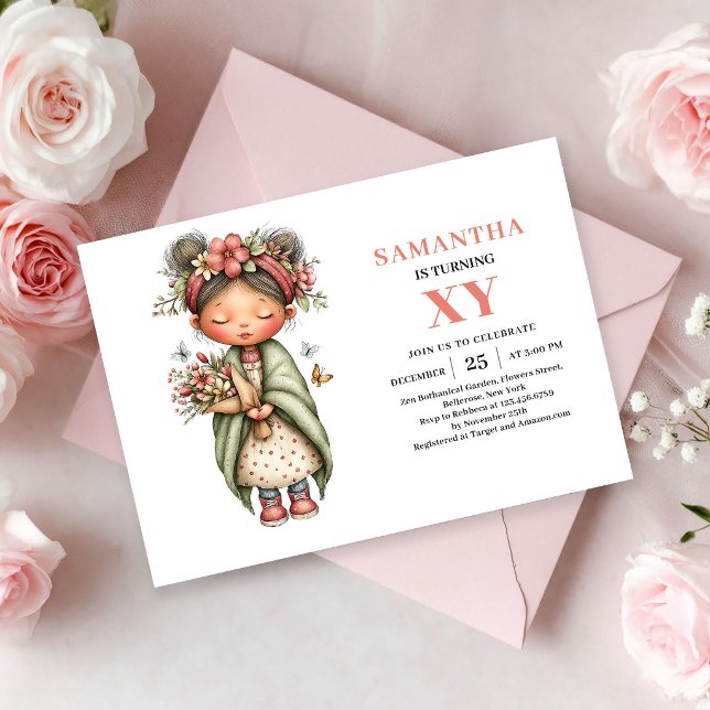 Invitation Fille de Fée Capricieuse Anniversaire Fleur Rose M (Whimsical Fairy Girl Birthday Pink Floral Magic invitation)