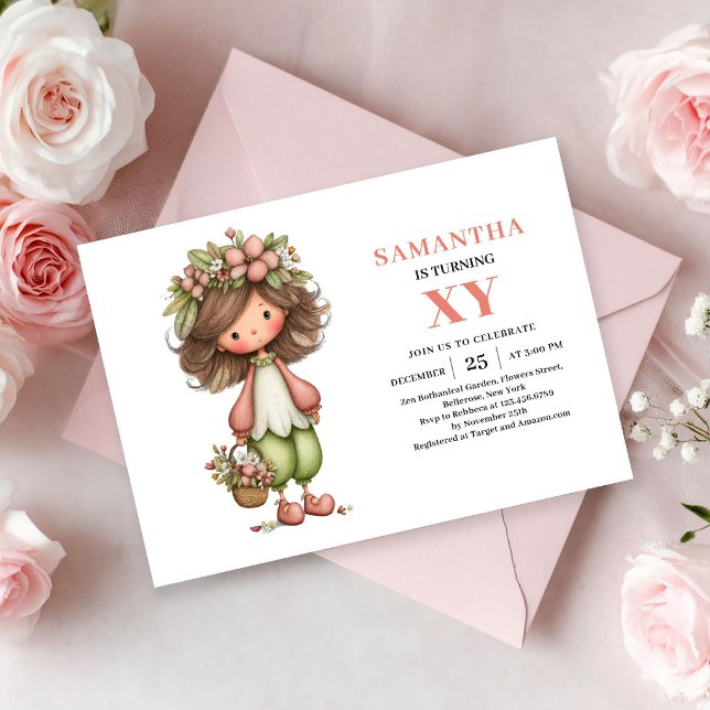 Invitation Fille de Fée Capricieuse Anniversaire Floral Paste (Whimsical Fairy Girl Birthday Pastel Floral Pink invitation)