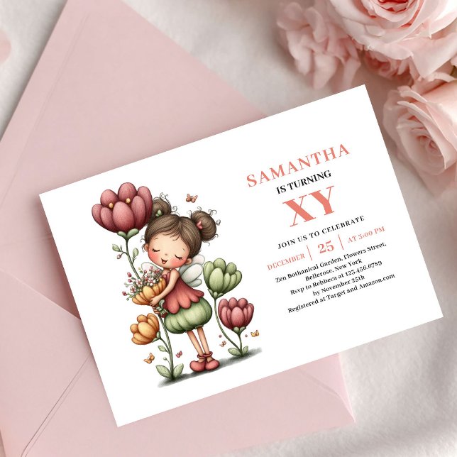 Invitation Fille de Fée Capricieuse Anniversaire Floral Paste (Whimsical Fairy Girl Birthday Pastel Floral Pink invitation)