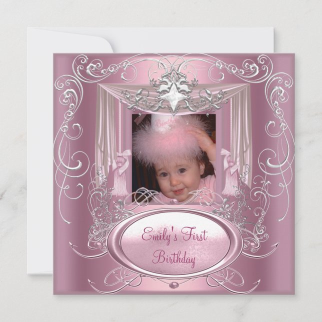 Invitation Fille de fête d'anniversaire 1er rose étoile argen (Devant)