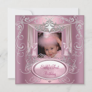 Invitation Fille de fête d'anniversaire 1er rose étoile argen