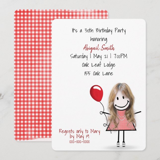 Invitation Fille de fête d'anniversaire 30 ans avec ballon ro (Devant / Derrière)