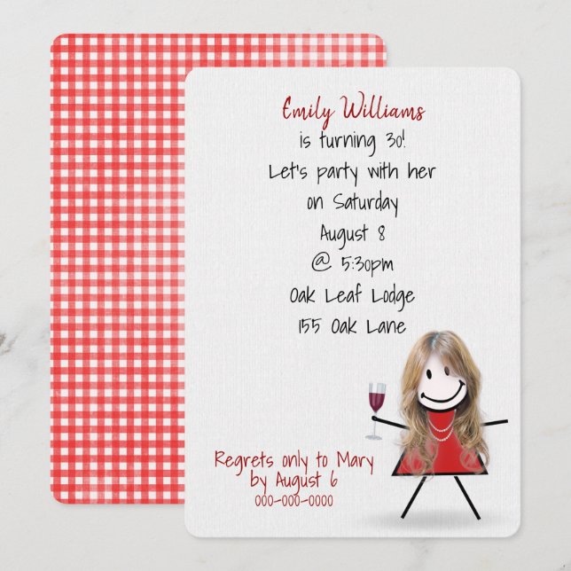 Invitation Fille de fête d'anniversaire 30 ans avec du vin (Devant / Derrière)