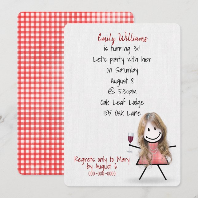 Invitation Fille de fête d'anniversaire 30 ans avec du vin (Devant / Derrière)