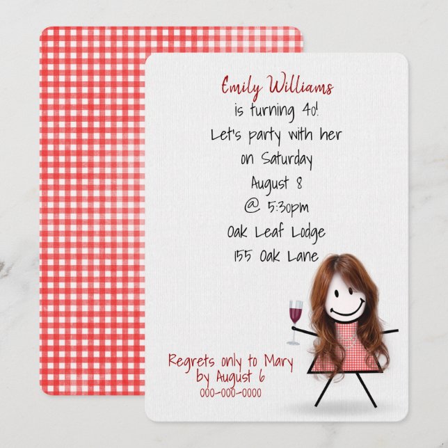 Invitation Fille de fête d'anniversaire 40 ans avec du vin (Devant / Derrière)