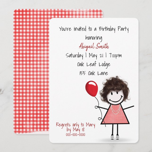 Invitation Fille de fête d'anniversaire avec ballon rouge (Devant / Derrière)