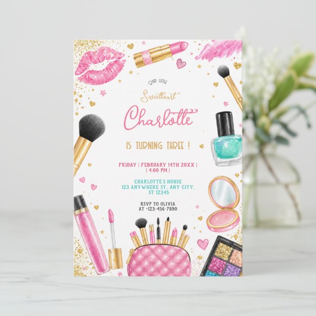 Invitation Fille de fête d'anniversaire Chic Maquillage Glamo (Debout devant)