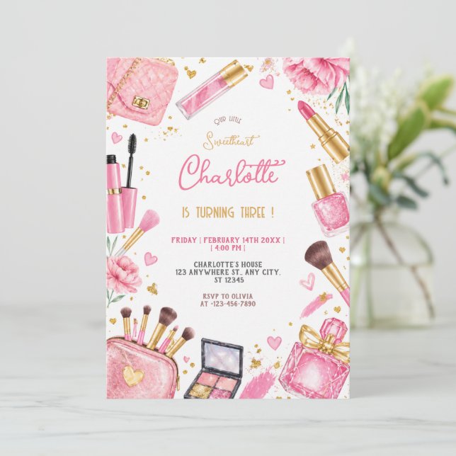 Invitation Fille de fête d'anniversaire Chic Maquillage Glamo (Debout devant)