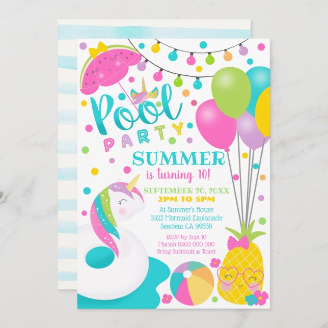 Invitation Fille de fête d'anniversaire Piscine Li (Devant / Derrière)