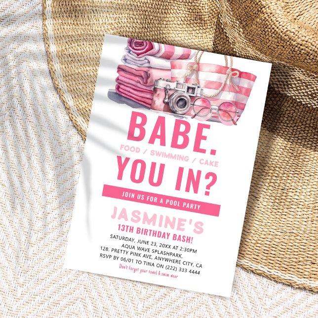 Invitation Fille de fête d'anniversaire rose BABE Piscine Par (Créateur téléchargé)